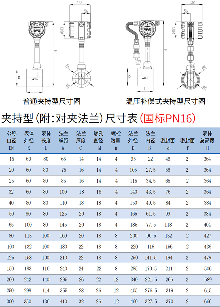 分體式渦街流量計(jì)夾持式尺寸圖